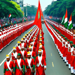 **A vibrant Independence Day parade in Dhaka, Bangladesh.** Depict a colorful street scene with marching bands, national flags, and enthusiastic crowds celebrating. Showcase traditional Bangladeshi attire and the celebratory atmosphere of the holiday.