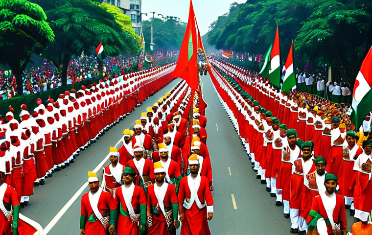 **A vibrant Independence Day parade in Dhaka, Bangladesh.** Depict a colorful street scene with marching bands, national flags, and enthusiastic crowds celebrating. Showcase traditional Bangladeshi attire and the celebratory atmosphere of the holiday.
