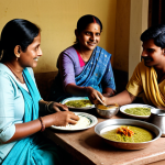 **

"A warm family meal scene in Bangladesh. A mother, father, and two children are gathered around a low table, enjoying a traditional meal served on earthenware dishes. The scene is set in a modest home with simple decor. Everyone is fully clothed in traditional, modest Bengali attire. The lighting is soft and inviting. Safe for work, appropriate content, family-friendly, perfect anatomy, correct proportions, professional photography, high quality."

**
