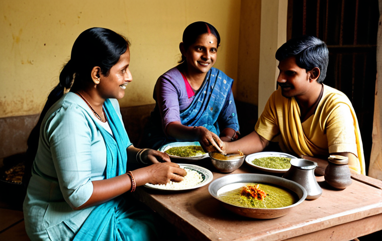 **
"A warm family meal scene in Bangladesh. A mother, father, and two children are gathered around a low table, enjoying a traditional meal served on earthenware dishes. The scene is set in a modest home with simple decor. Everyone is fully clothed in traditional, modest Bengali attire. The lighting is soft and inviting. Safe for work, appropriate content, family-friendly, perfect anatomy, correct proportions, professional photography, high quality."
**