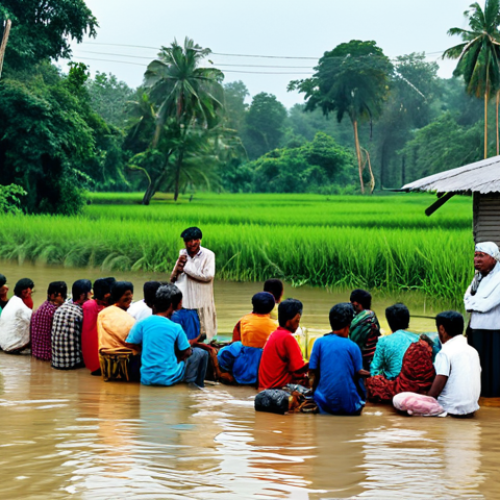 Home 23 Flood Warning System**
"A community radio station in rural Bangladesh, broadcasting flood warnings. Villagers are gathered around listening attentively, some using smartphones. Fully clothed, modest attire, appropriate content, safe for work. Perfect anatomy, correct proportions, natural pose, professional photography, high quality."
**