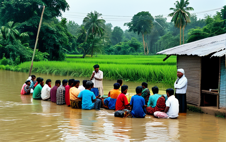 Flood Warning System**

"A community radio station in rural Bangladesh, broadcasting flood warnings. Villagers are gathered around listening attentively, some using smartphones. Fully clothed, modest attire, appropriate content, safe for work. Perfect anatomy, correct proportions, natural pose, professional photography, high quality."

**