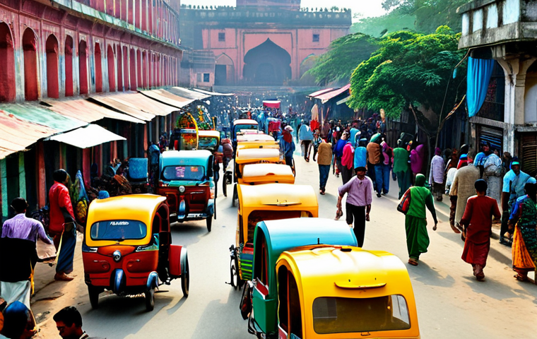 Dhaka's Historical Charm**

"A bustling street scene in Dhaka, Bangladesh, showcasing the vibrant colors and architecture. In the background, a glimpse of Lalbagh Fort's walls can be seen. People are dressed in modest, colorful traditional clothing. Vendors are selling goods in the market. Include rickshaws with colorful Rickshaw Art. Safe for work, appropriate content, perfect anatomy, natural proportions, high-quality photograph, professional, fully clothed, family-friendly."

**