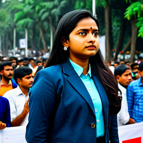 Home 21 "A determined Bangladeshi female journalist, fully clothed in modest professional attire, reporting in Dhaka, Bangladesh, during a political rally, appropriate content, safe for work, perfect anatomy, natural pose, professional quality, documentary photography."