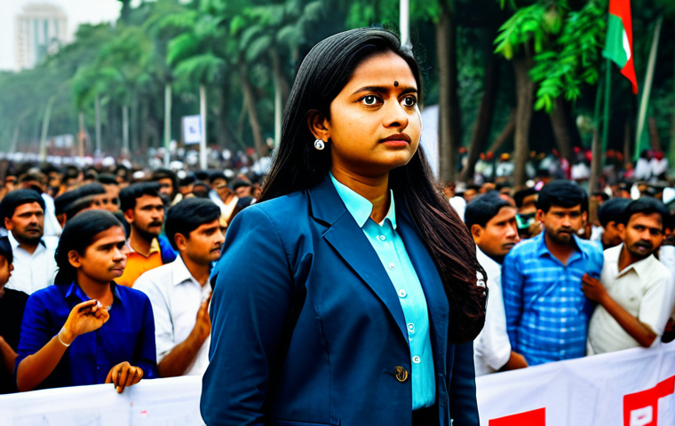 "A determined Bangladeshi female journalist, fully clothed in modest professional attire, reporting in Dhaka, Bangladesh, during a political rally, appropriate content, safe for work, perfect anatomy, natural pose, professional quality, documentary photography."